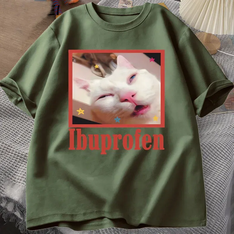 Color: Blue, Size: XS?€old?‰ - Ibuprofen Cat Meme Tshirt Funny Cat Graphic Tee Cute Cat Lover Cotton T-Shirt Casual Funny T Shirts Unisex Oversized Tshirt Tee