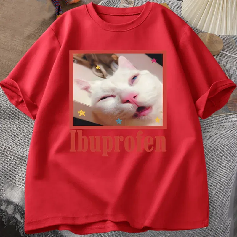 Color: Blue, Size: XS?€old?‰ - Ibuprofen Cat Meme Tshirt Funny Cat Graphic Tee Cute Cat Lover Cotton T-Shirt Casual Funny T Shirts Unisex Oversized Tshirt Tee