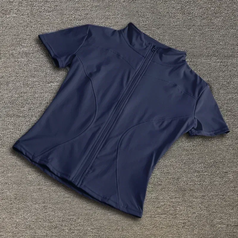 Color: Chocolate, Size: XXL - Summer High Quality Waist Slimming Training Tops Women's Quick-drying Tight Stand Collar Full Zipper Short Sleeves Yoga shirts