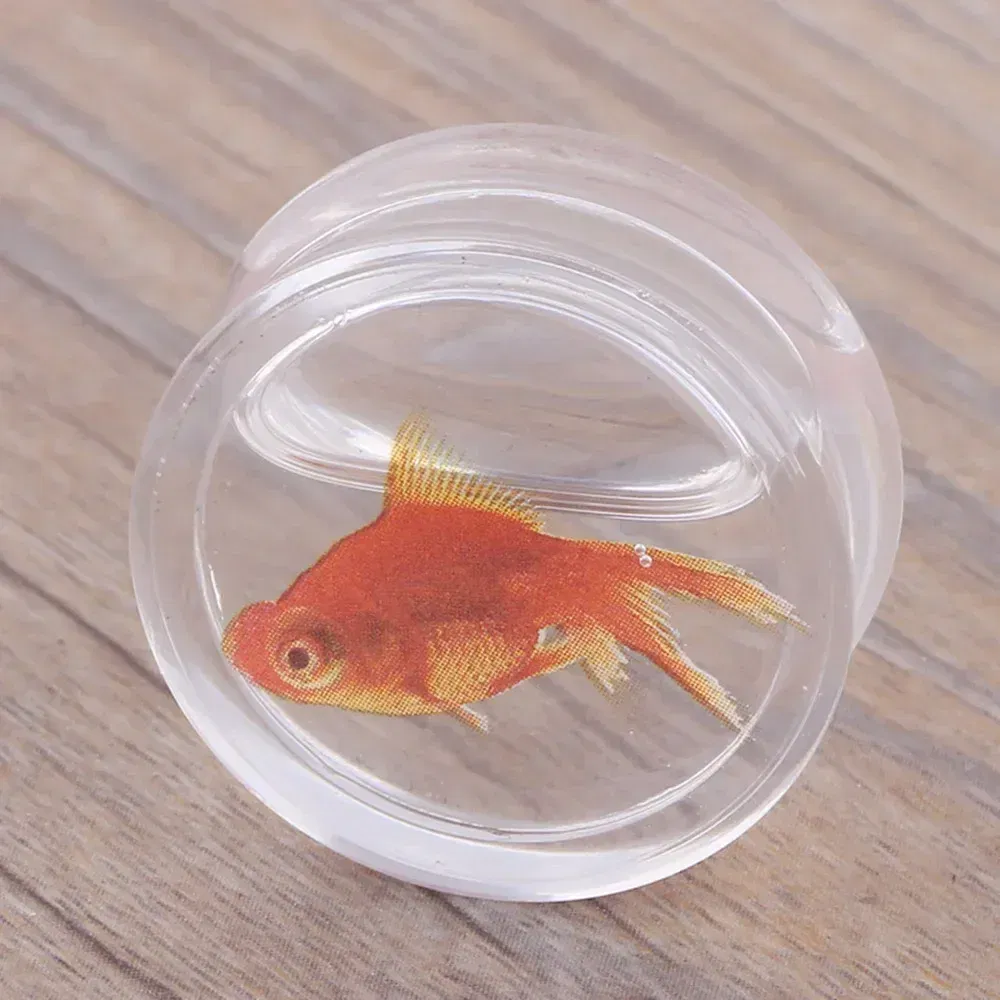 Metal color: Light Yellow Gold Color, Main Stone Color: GRAY - 2Pcs Acrylic Liquid Goldfish Ear Plug Double Flared Saddle Flesh Tunnel Gauge Stretcher 8mm-18mm