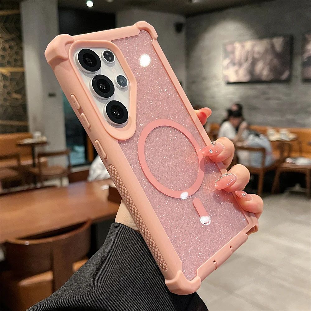 Color: SKY BLUE, Compatibility by Model: Galaxy S24 Ultra - For Magsafe Clear Armor Bumper Glitter Phone Case For Samsung S25 Ultra S24 Plus Wireless Charging Shockproof Protective Cover