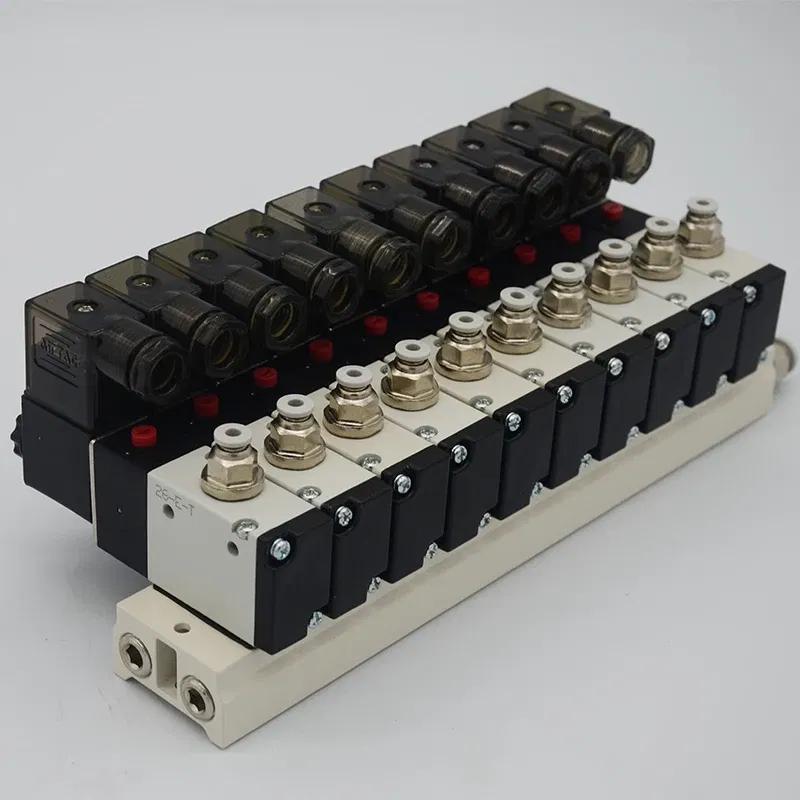 Color: Brown, Specification: 1/4" - 3V210-08 Manifold Station Solenoid Valve 3 port 2 position Multi-way Combination DC12V 24V AC220V With Fitting Solenoid Valves