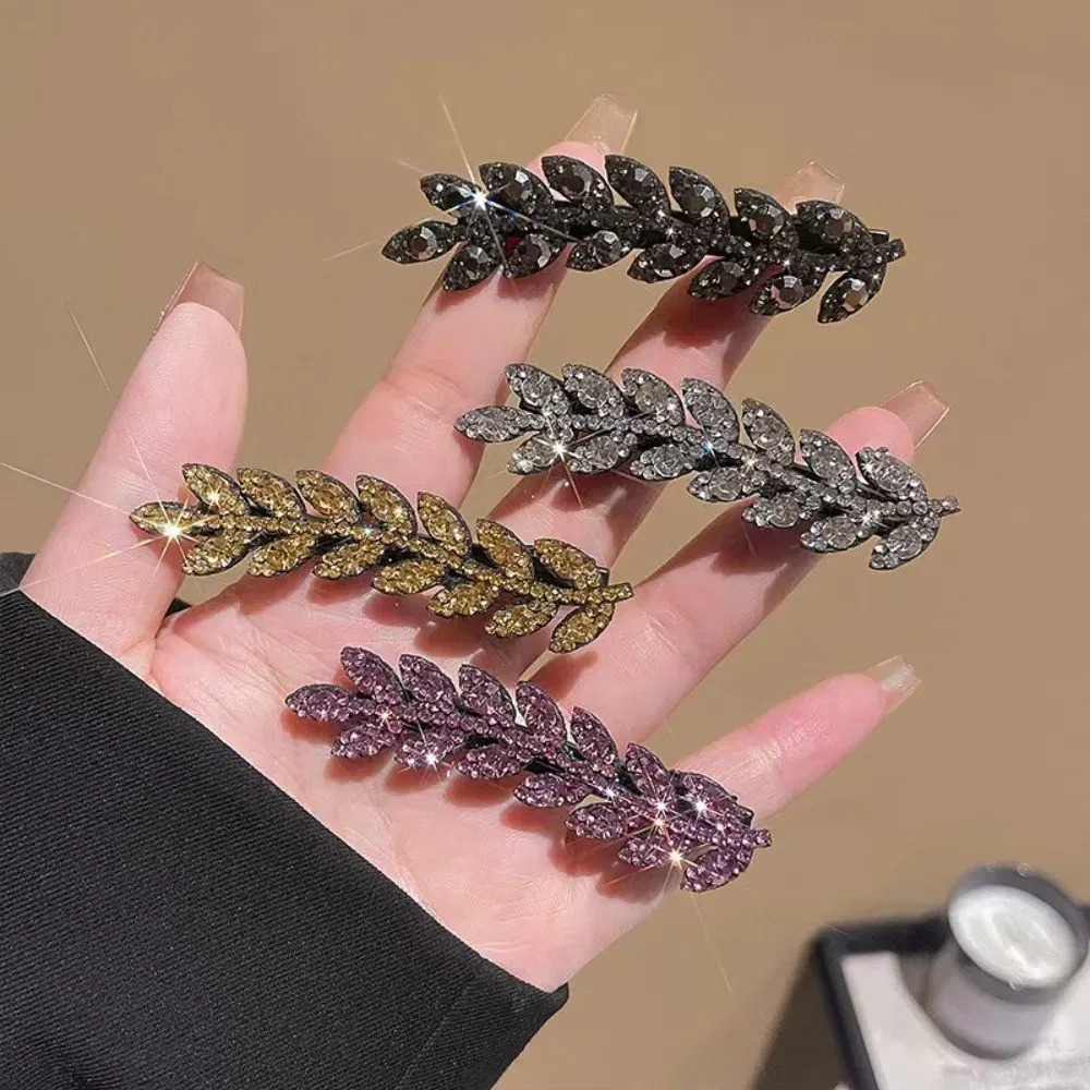 Color: GRAY - Fashion Mini Crystal Hair Pins Exquisite Rhinestone Ear of Wheat Duckbill Hair Clips Girl Side Barrettes