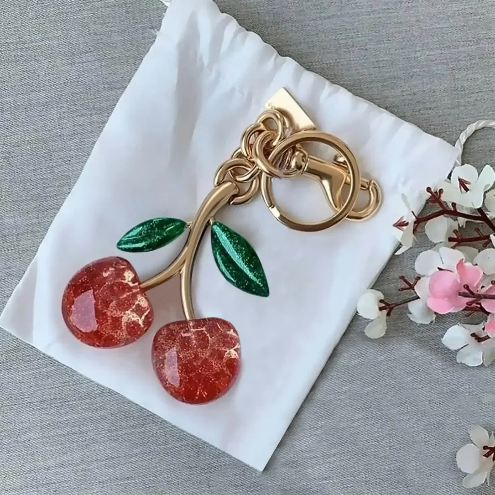Color: green - Cherry Bag Charm Cherry Keychain Charm Metal Accessory Sparkling Resin For Coach Purses And Bags, Red, Black, Pink