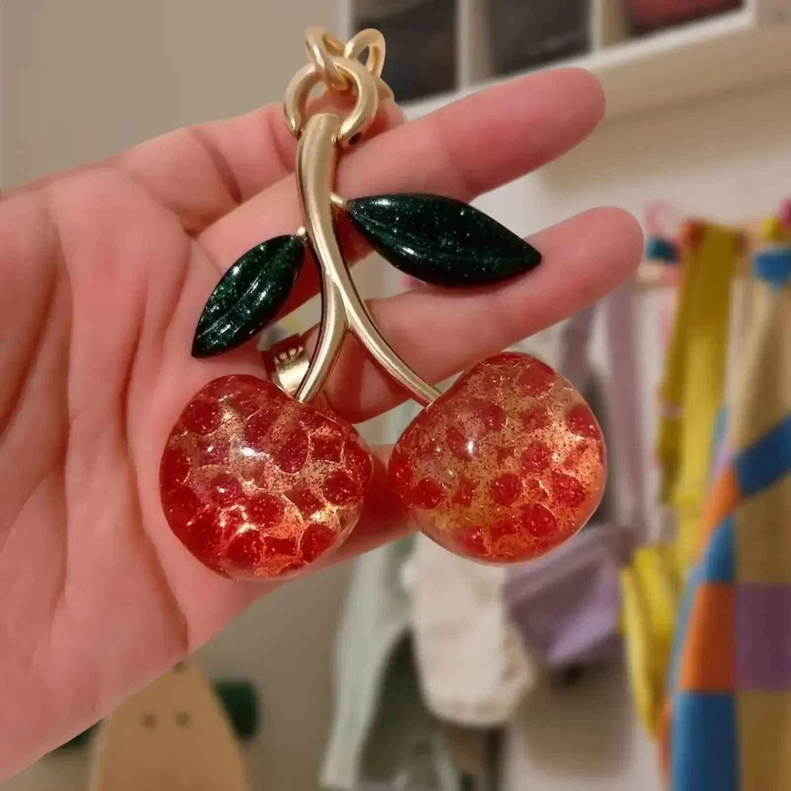 Color: green - Cherry Bag Charm Cherry Keychain Charm Metal Accessory Sparkling Resin For Coach Purses And Bags, Red, Black, Pink