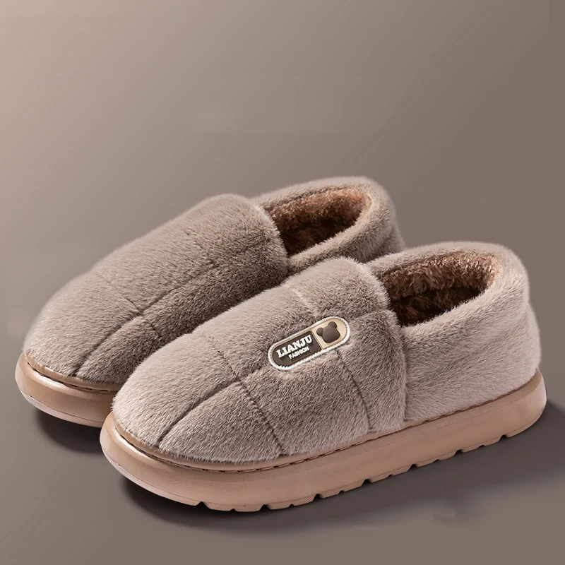 Color: Red, Shoe Size: 40-41 - Men's slippers Winter Solid Color Wrap Heels Plush Slippers Non-slip Warm Women Men Home Casual Cotton Shoes Big Size 50 51