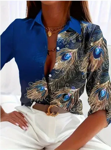 Color: Khaki, Size: L - Fashionable Ladies Trendy Long Sleeved Shirt With Feather Gemstone Print Buttons Lapel Shirt Sleeves Autumn Elegant Ladies Shirt