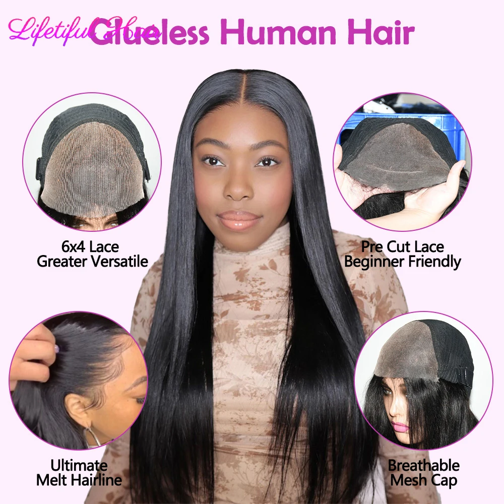 Hair Color: #1B, Density: 200%, Ships From: CHINA, Stretched Length: 22INCHES - 32 Inch 6x4 Bone Straight Human Hair Wigs Glueless Wig Human Hair Ready To Wear Pre-cut Brazilian 100% Human Hair Wigs For Women