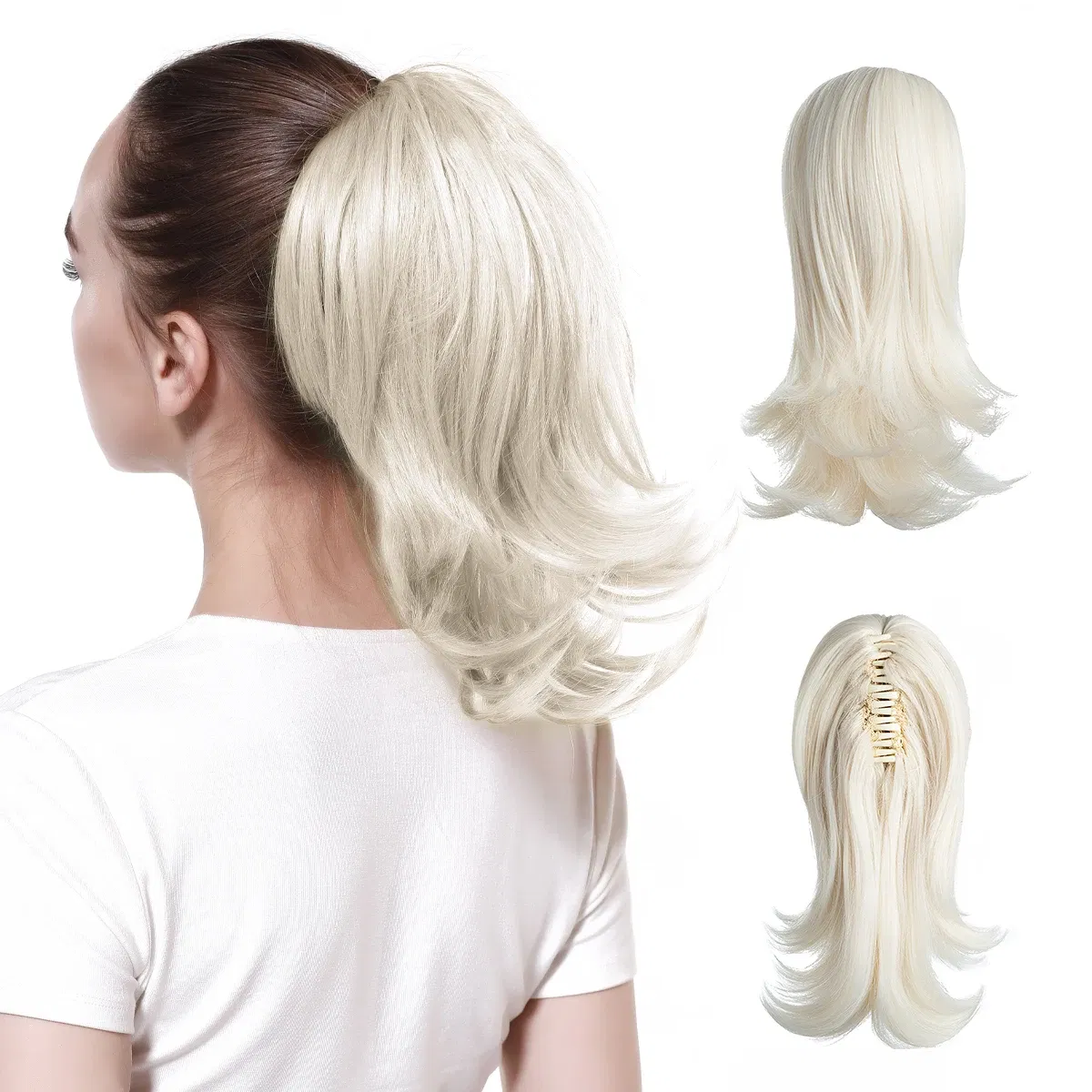 Color: #60, Stretched Length: 12inches - Synthetic Claw Clip In Ponytail Hair Extensions Hairpiece Horse Tail Fake Hair Wavy Blonde False Pigtail With Elastic Band