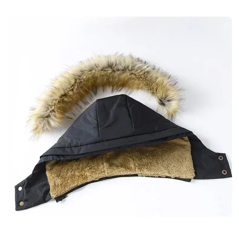 Color: Beige, Size: 4XL - 2024 New Men Winter Autumn Work Outwearing Parka Black Fleece Lined Thick Warm Hooded Fur Collar Coat Male Size 5XL Plush Jacket