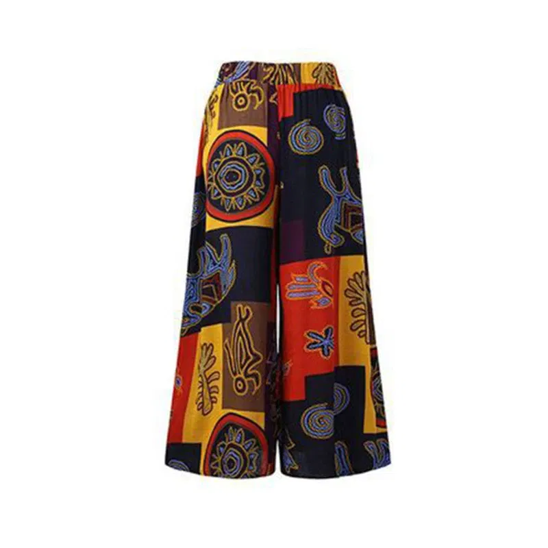 Color: Red, Size: L - Women Elastic Pants Waist Loose Casual Print Wide Leg Pants Slim For Female Elasticated Trousers Mid Waist Wide Leg Pants