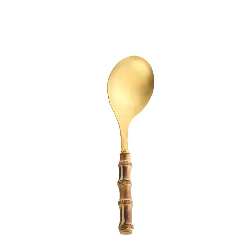 Color: plum - Natural bamboo handle stainless steel frying shovel Japanese-style soup spoon Creative new colander shovel kitchen utensils set