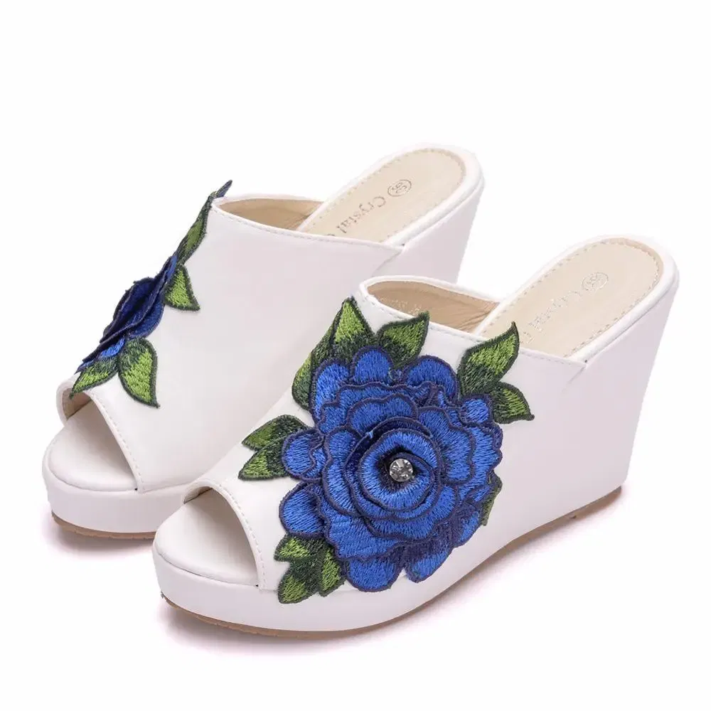 Color: WHITE, Shoe Size: 37 - Crystal Queen Black White Peep Toe Platform Wedges High Heels Slippers Beach Sandals Women Lace Flower