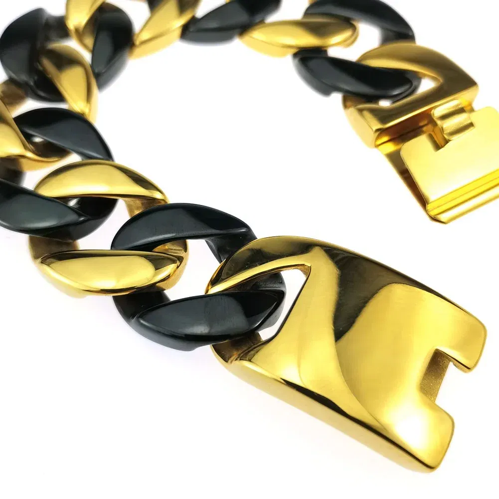 Length: 50cm, Main Stone Color: Blue - 316L Stainless Steel and Black Tone Curb 24mm Solid Heavy Long Necklace + Bracelet Jewelry
