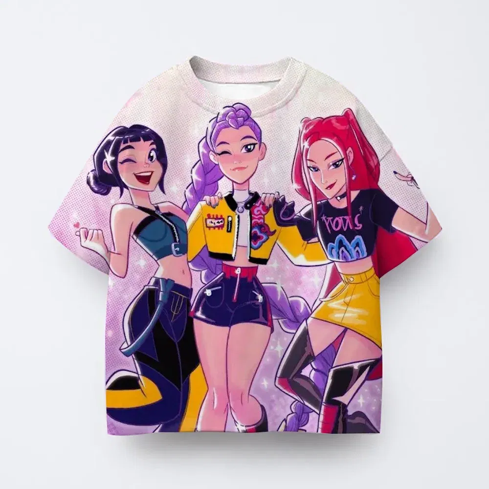 Color: SKY BLUE, Kid Size: 6 - Toddler Girl Clothes Kpop Demon Hunters Cartoon Tee Shirt Funny Gift for Fans Harajuku Cool Kids T-shirts Cotton Summer Tops