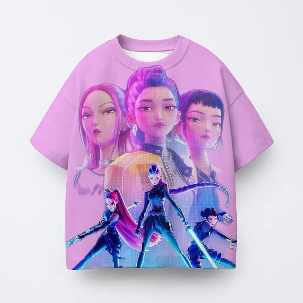 Color: SKY BLUE, Kid Size: 6 - Toddler Girl Clothes Kpop Demon Hunters Cartoon Tee Shirt Funny Gift for Fans Harajuku Cool Kids T-shirts Cotton Summer Tops