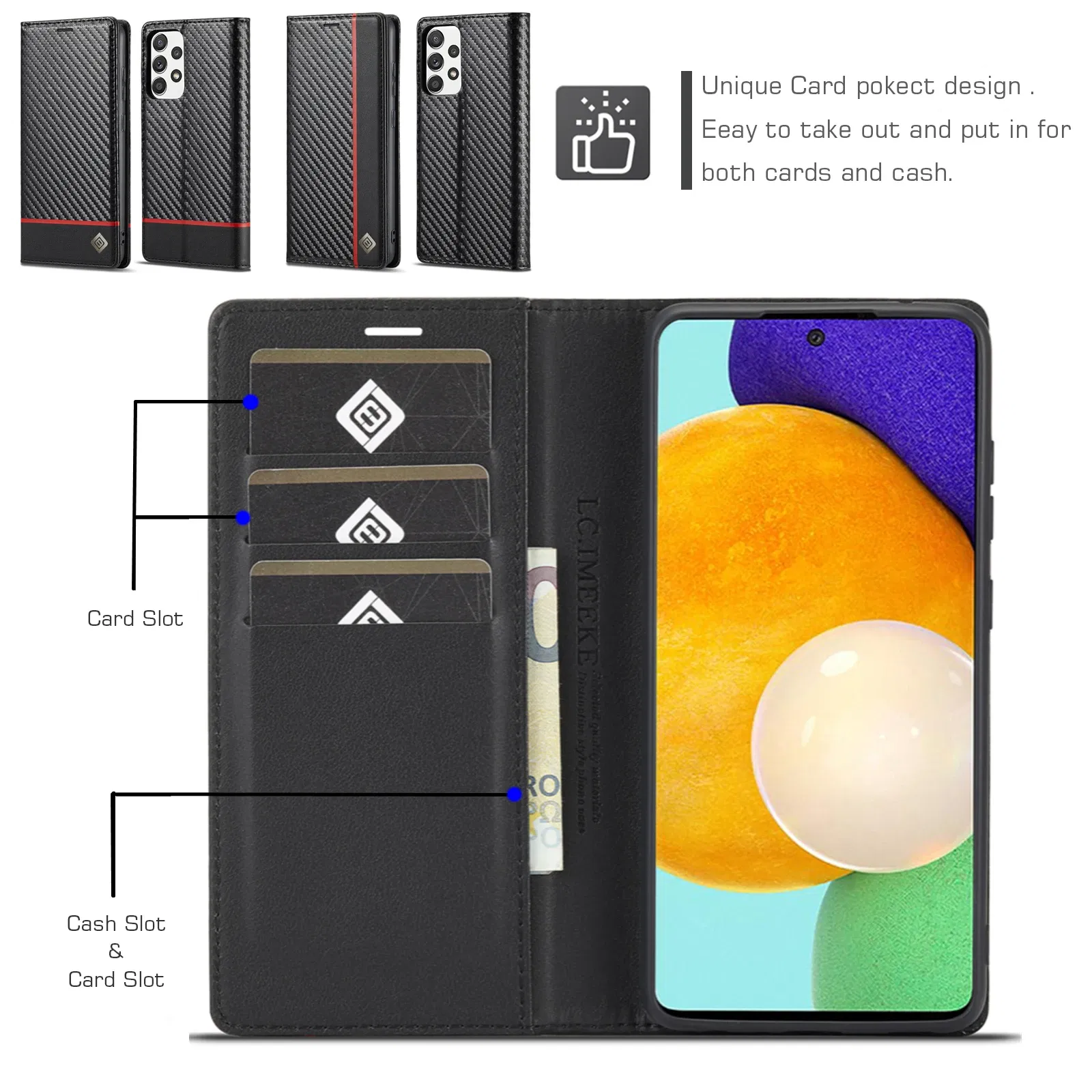Color: Blue, Material: Plastic - Carbon Fiber Leather Case for Samsung A14 A24 A34 A54 5G A13 A23 A33 A53 Galaxy A52 A72 A32 A12 A04S A02S Wallet Card Slot Cover