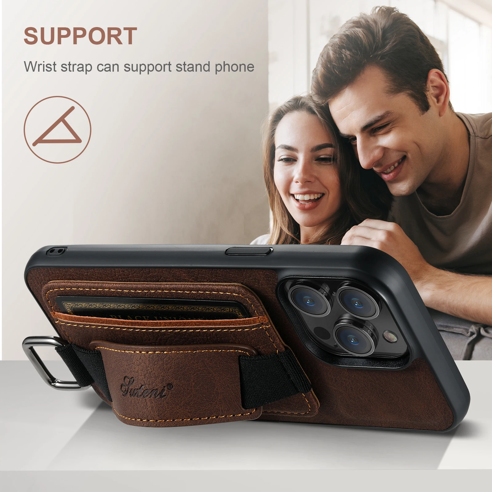 Color: Brown, Material: PVC - SUTENI Lychee skin print wrist strap card phone case Card holder for iPhone 16 ProMax 15 Plus 14 13 12 11 XR XS Black/blue/brown