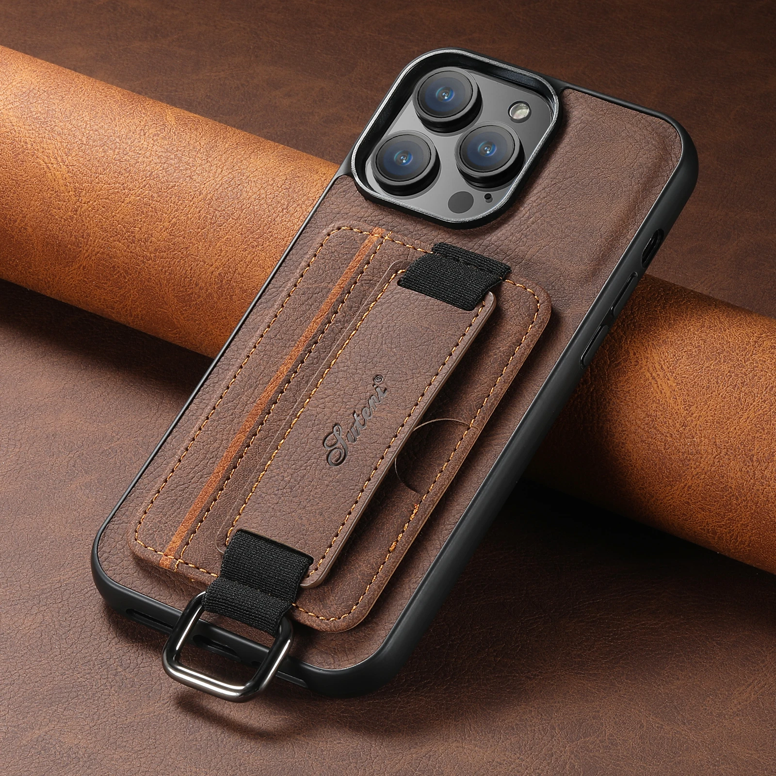 Color: Brown, Material: PVC - SUTENI Lychee skin print wrist strap card phone case Card holder for iPhone 16 ProMax 15 Plus 14 13 12 11 XR XS Black/blue/brown