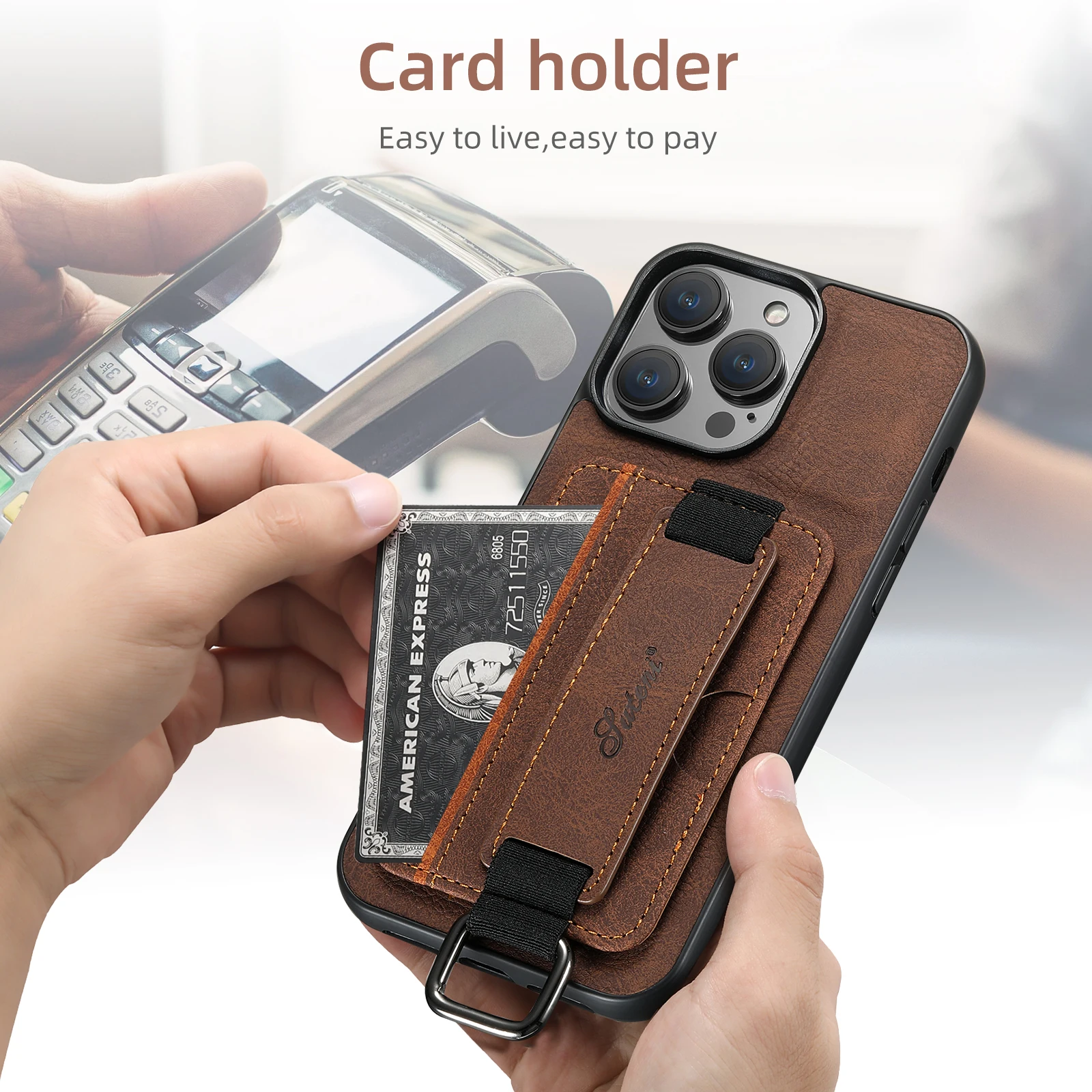 Color: Brown, Material: PVC - SUTENI Lychee skin print wrist strap card phone case Card holder for iPhone 16 ProMax 15 Plus 14 13 12 11 XR XS Black/blue/brown