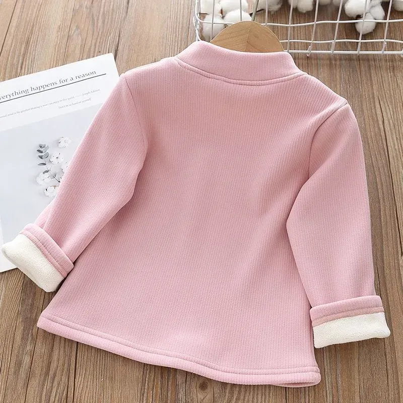 Color: black, Kid Size: 2T - 1pcs Children's T-Shirts Rabbit Embroidery Velvet warm top Kids Half High Collar Long Sleeve Base Shirt Girls Tshirts Clothes