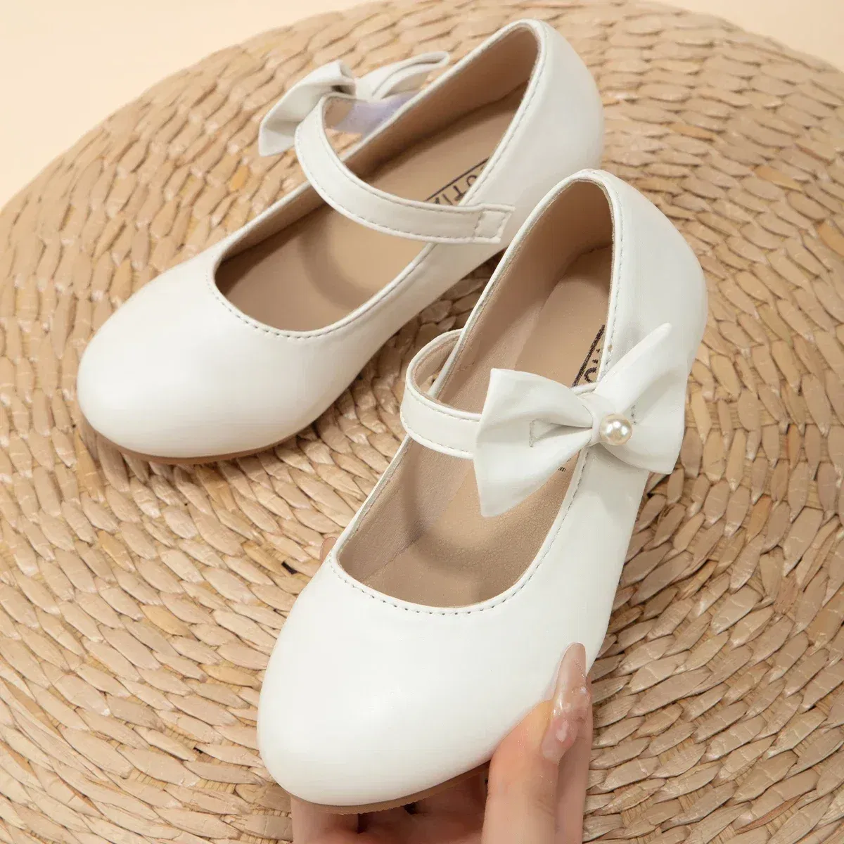Shoe Size: 36, Color: WHITE - Children's Bowknot Wedding Party Princess Shoes Big Kids White Gold Dance Dress Shoes Small Square Heel Children's Shoes