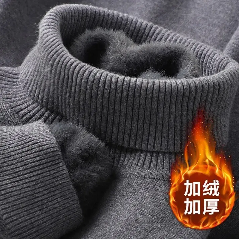 Color: Beige, Size: 4XL - Autumn Winter Men's Turtleneck Sweater Knitted Velvet Warm Long Sleeve Pullover Outdoor Cold-proof Casual Blouse Base Sweater