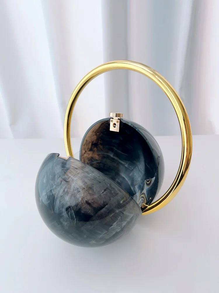 Color: MULTI - 2025 New Marble Pattern Spherical Banquet Bag for Women Trendy Electroplated Handle PVC Handbags Lady Mini Purse Evening Clutch