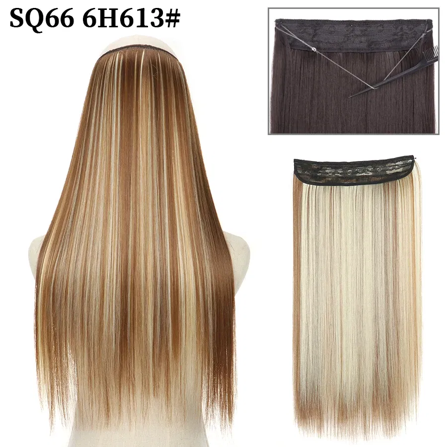 Color: T1B/4/27, Stretched Length: 22inches, Ships From: CHINA - Synthetic Natural Wavy No Clip Fish Line Invisible Hair Extensions Mixed Color Blonde Black Artificial False Hair Piece ForWomen