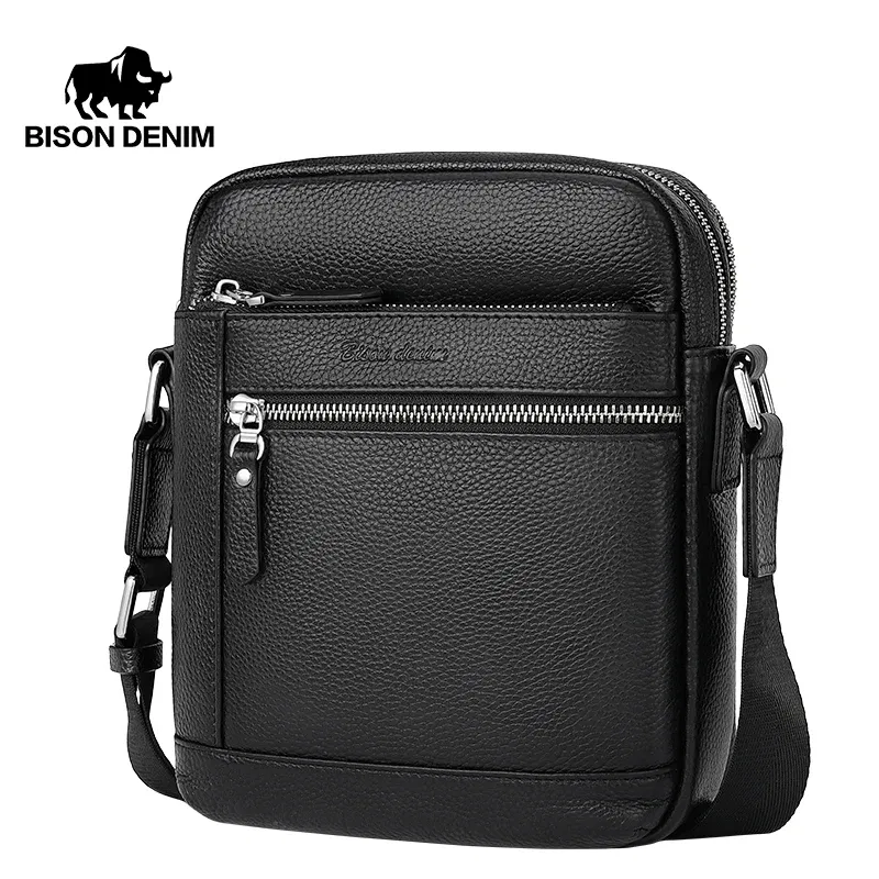 Color: green, Ships From: CN - BISON DENIM Classic Black Male Bag Genuine Leather Business Crossbody Bag iPad Mens Messenger Bag Casual bolsas male N2845