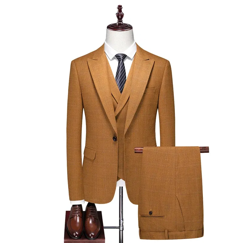 Color: GRAY, Size: L - High-End Three-Piece Men's Wedding Suit with Vest And Trousers Fashion Business Casual Groom's Dress All-In-One