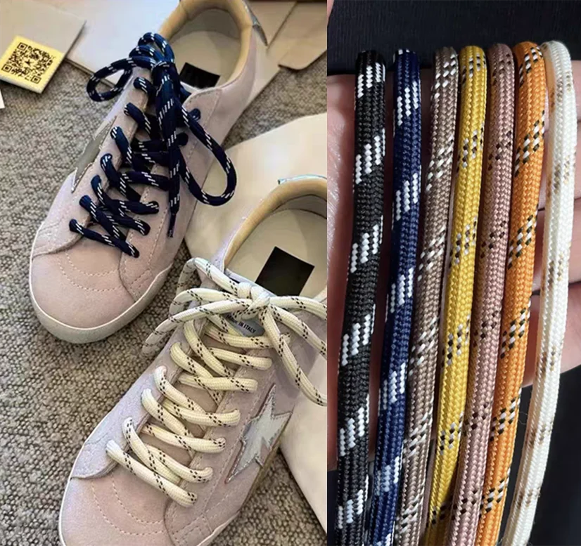 Color: GRAY, Length: 140cm - Colorful Diagonal Dots Round Rope Shoelaces Coarse Weave Polyester Shoes Laces For Women Men Sports Casual Sneaker DE Tran Shoes