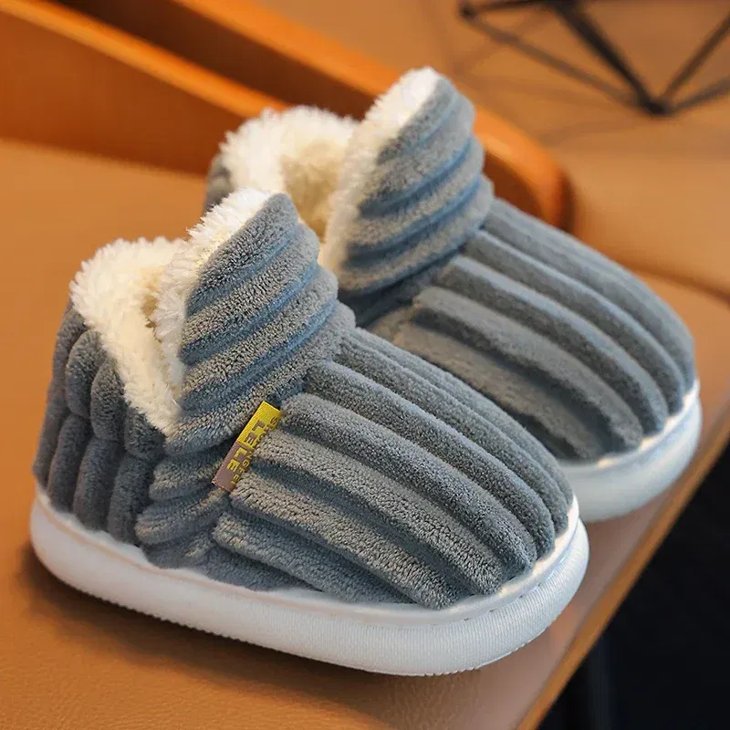 Color: GRAY, Shoe Size: 3.5 - New Winter Concise Stripe Plush Slippers Children's Non-slip Soft Sole Kids Boys Girls Heel Wrap Warm High Home Cotton Shoes