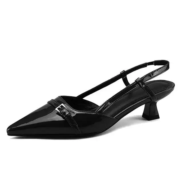 Color: Beige, Shoe Size: 35 - 2024 New Summer Women's Dress Shoes Patent Leather Slip on Pointed Toe Sandals Buckle Slingbacks Mid Heels Pumps Sandalias Mujer