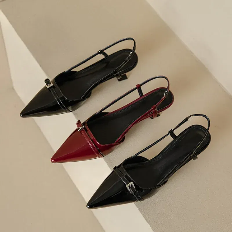 Color: Beige, Shoe Size: 35 - 2024 New Summer Women's Dress Shoes Patent Leather Slip on Pointed Toe Sandals Buckle Slingbacks Mid Heels Pumps Sandalias Mujer