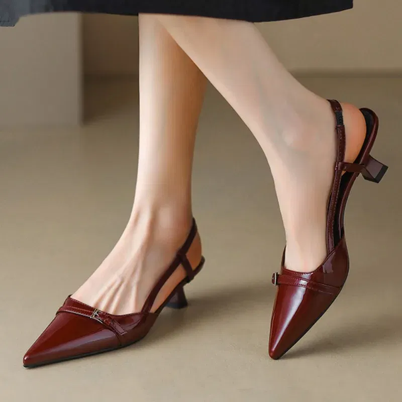 Color: Beige, Shoe Size: 35 - 2024 New Summer Women's Dress Shoes Patent Leather Slip on Pointed Toe Sandals Buckle Slingbacks Mid Heels Pumps Sandalias Mujer