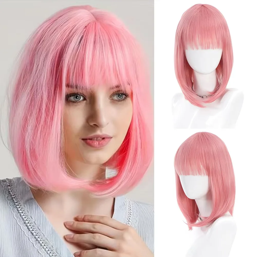 Color: #99J, Stretched Length: 12inches - Bob Black Synthetic Wigs Straight Cosplay Short Daily Natural Looking Hair Wig with Bangs Heat Resistant Fiber for Women Afro