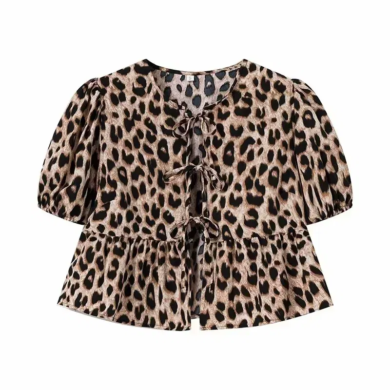 Color: black, Size: XS - HXAO Woman 2024 Blouse Puff Sleeve Cropped White Blouse For Women Pleated Cut Out Black Blouse With Tied Leopard Print Top
