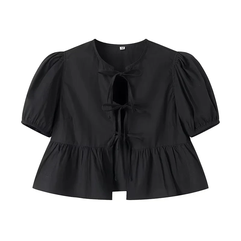 Color: black, Size: XS - HXAO Woman 2024 Blouse Puff Sleeve Cropped White Blouse For Women Pleated Cut Out Black Blouse With Tied Leopard Print Top