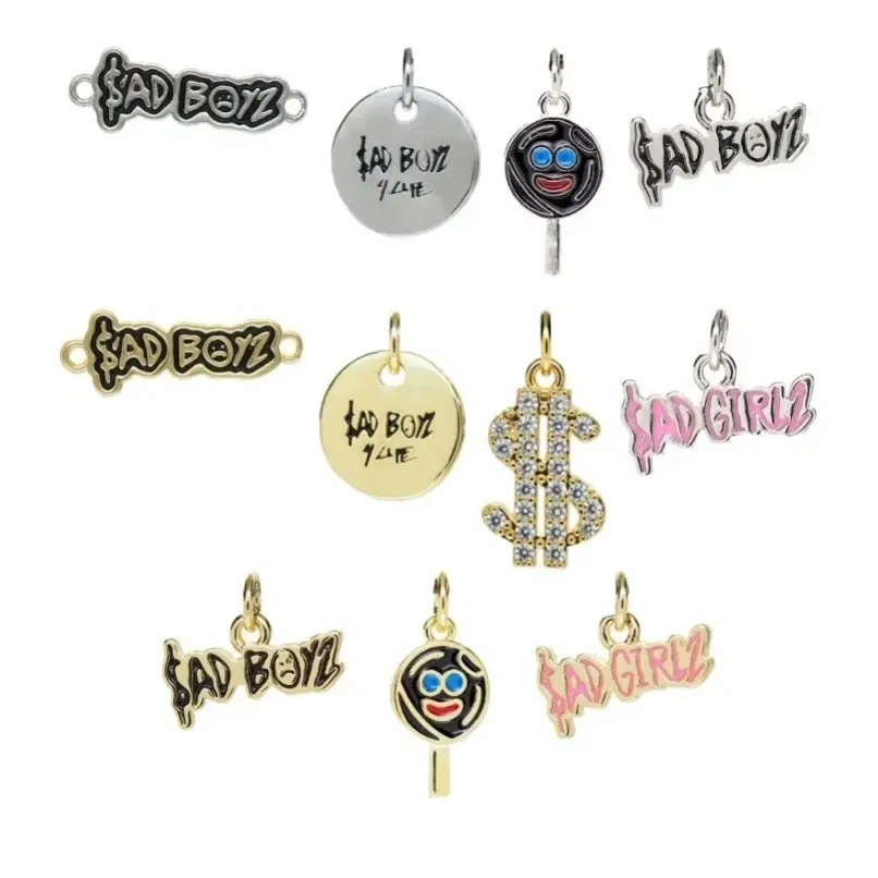 Metal color: Blue white zinc plated - 10Pcs Letter Sadboyz or Sadgirls Black Enamel  Copper Gold Color Pendant Charms for Jewelry Making