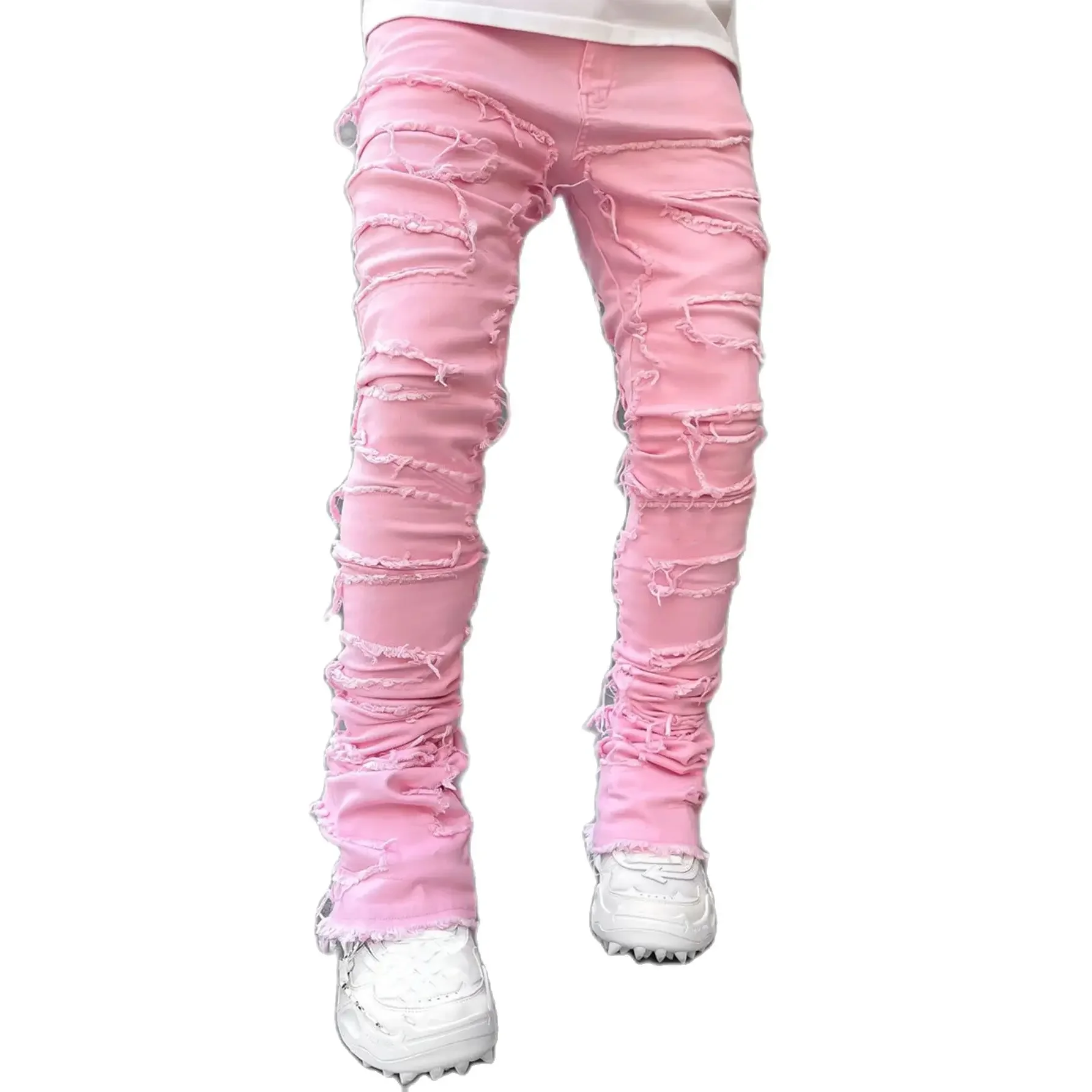 Color: black, Size: S - Men's Regular Fit Stacked Jeans Ripped Slim Fit Patch Distressed Destroyed Straight Denim Pants Hip Hop Streetwear Trouser Cloth