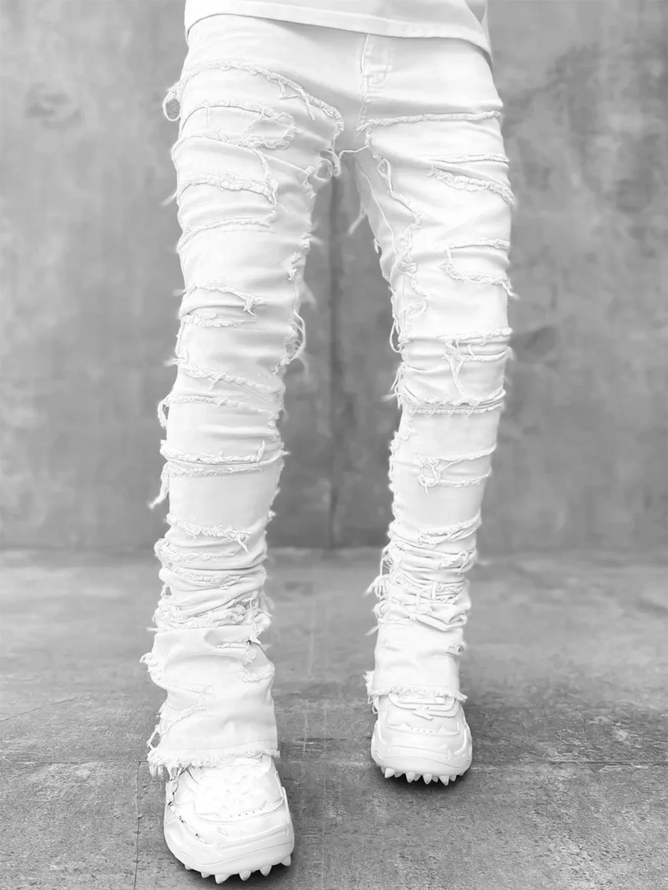 Color: black, Size: S - Men's Regular Fit Stacked Jeans Ripped Slim Fit Patch Distressed Destroyed Straight Denim Pants Hip Hop Streetwear Trouser Cloth