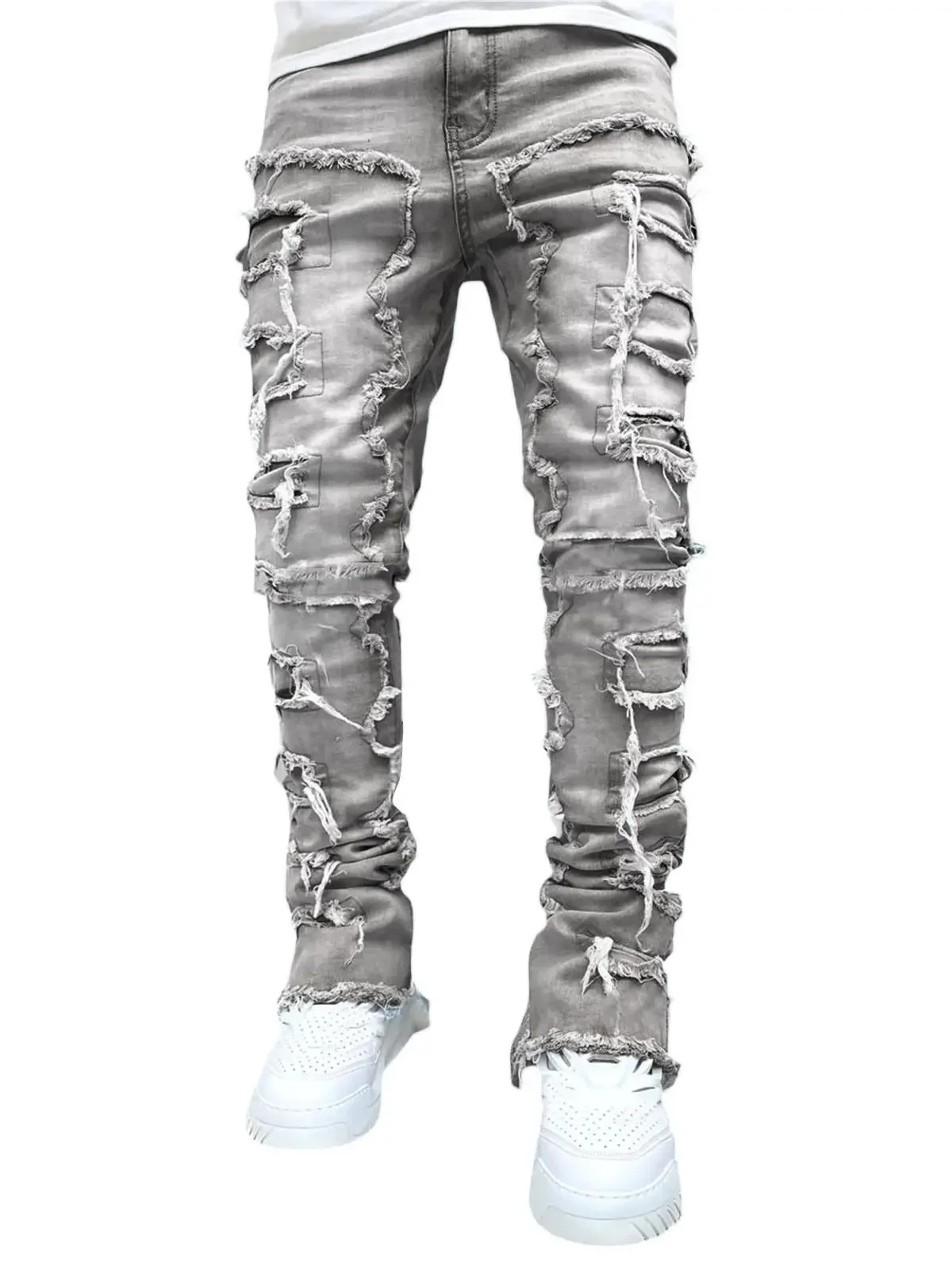 Color: black, Size: S - Men's Regular Fit Stacked Jeans Ripped Slim Fit Patch Distressed Destroyed Straight Denim Pants Hip Hop Streetwear Trouser Cloth