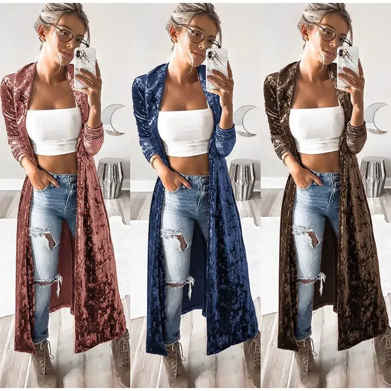 Color: Red, Size: XXL - 2024 Long Velvet Kimono Cardigan Windbreaker Women Jacket Pure Color Fashion Long Sleeve Casual Ladies Long Jacket Trench Coat