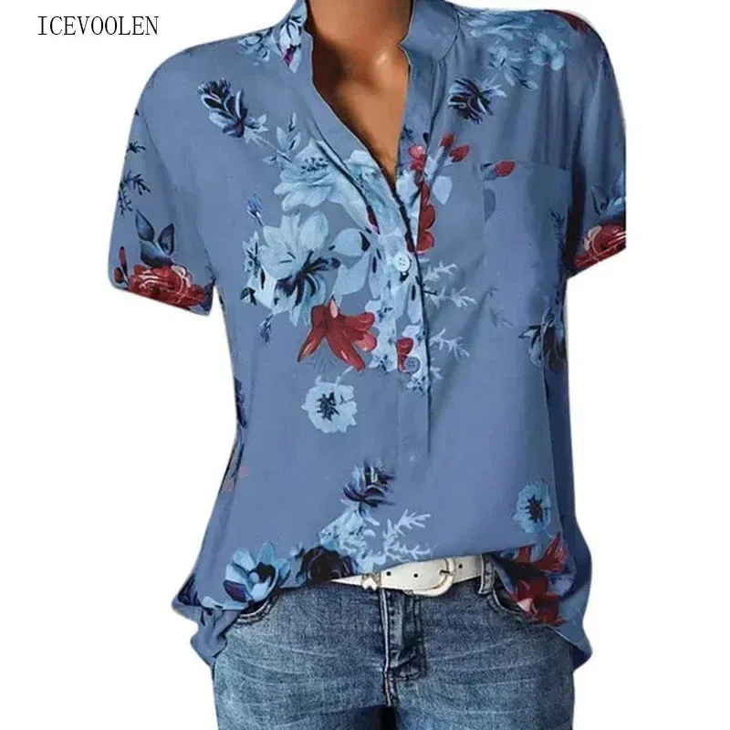 Color: Blue, Size: 5XL - Temperament new women's shirt printing large size casual shirt loose V-neck short-sleeved shirt blouse