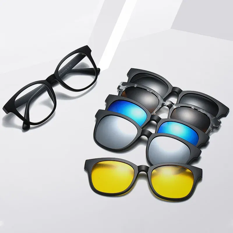 Lenses Color: Pink, Ships From: CHINA, Frame Color: WHITE - 6 In 1 Spectacle Frame Men Women With 5 PCS Clip On Polarized Sunglasses Magnetic Glasses Male Computer Optical 2201