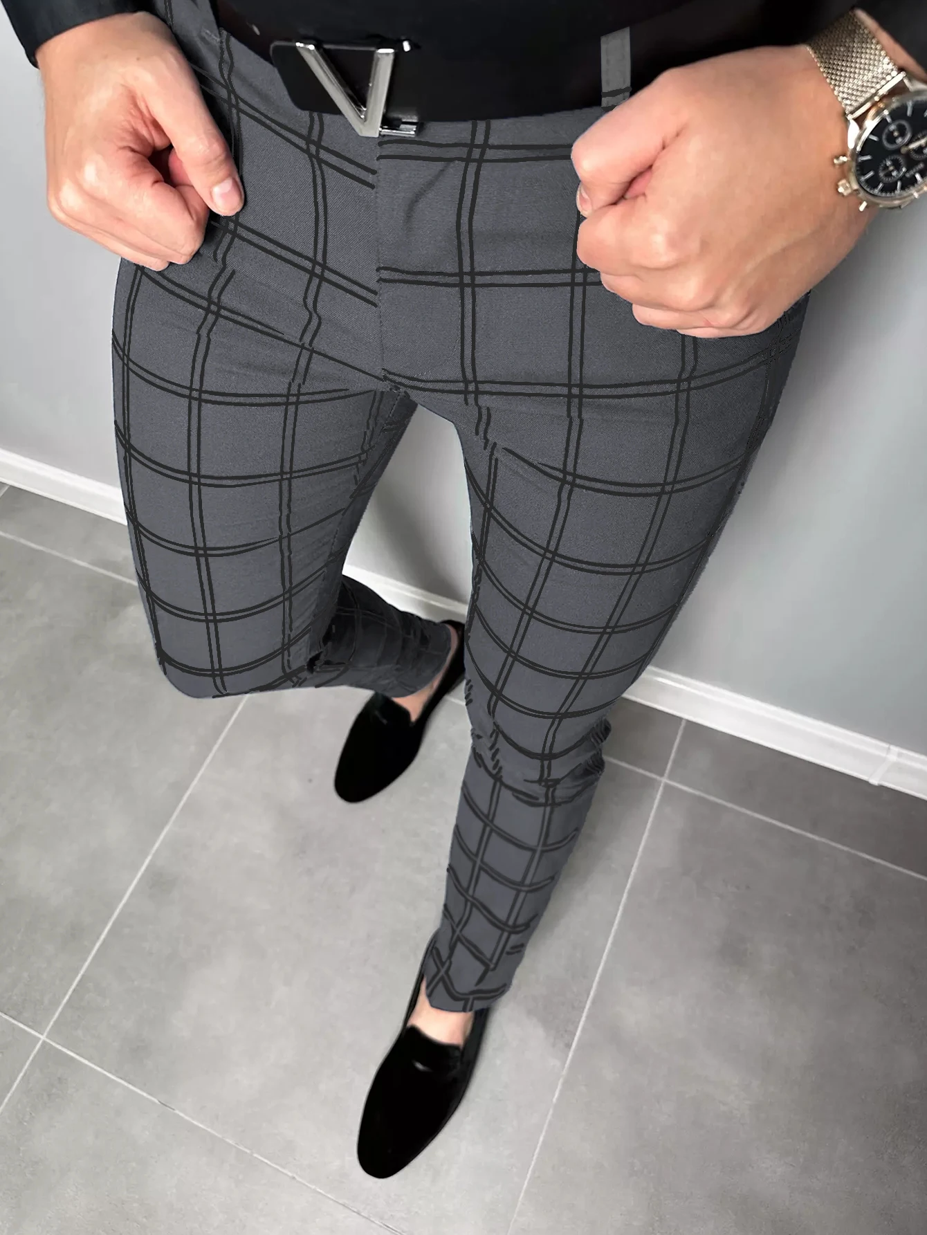 Color: WHITE, Size: S - Checkered Fashion Europe and the United States Style Men's Pants Business Casual Travel Slim Pants Comfortable and Versatile