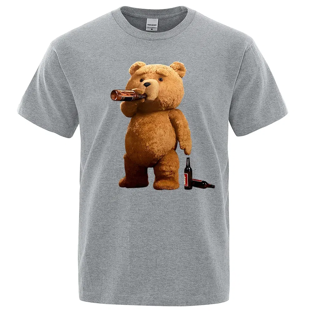 Color: GRAY, Size: S - Lovely Ted Bear Drink Beer Poster Funny Printed T-Shirt Men Fashion Casual Short Sleeves Loose Oversize Tee Street Hip Hop Tops