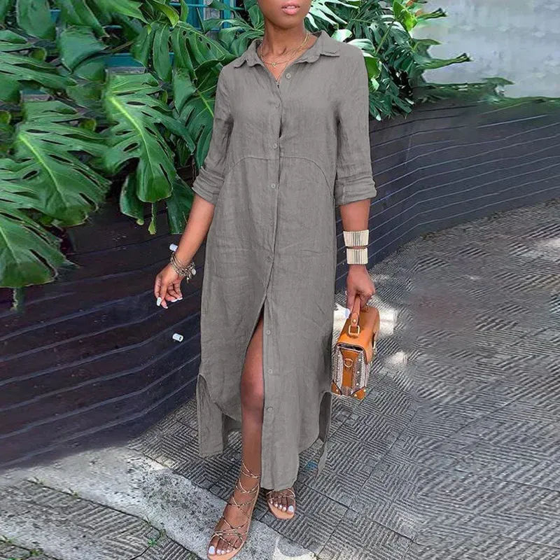 Color: GRAY, Size: XL - Long Shirt Dress Women Autumn Cotton Linen Leisure Turn Down Collar Maxi Dresses Female Elegant Loose Beach Spring Vestidos