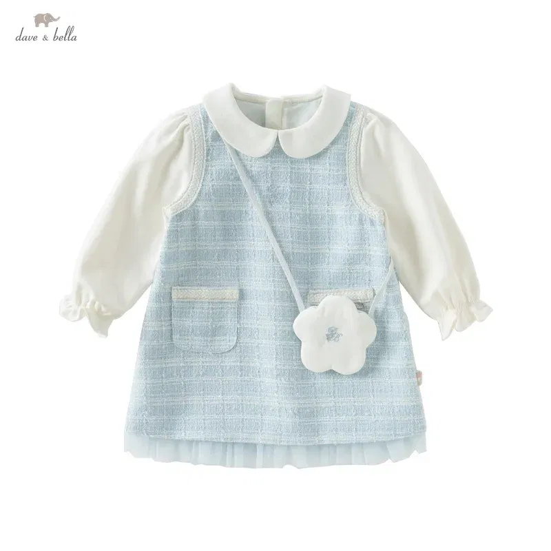 Color: Gold, Kid Size: 26 - Dave Bella Children's Dress 2025 Spring New Girls Baby Gentle Cute Fake Two piece Baby Elegant Princess Dress Party DB1250299